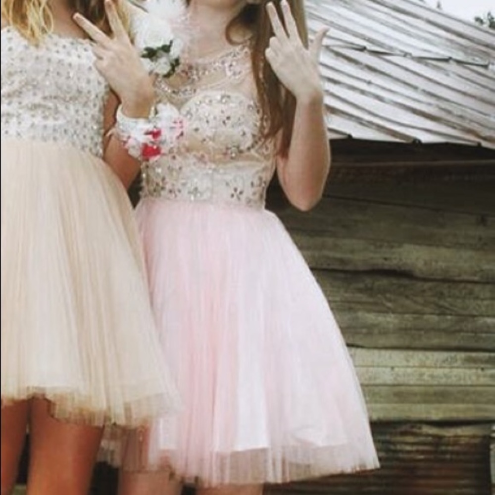 Coya pink and nude jeweled dress
